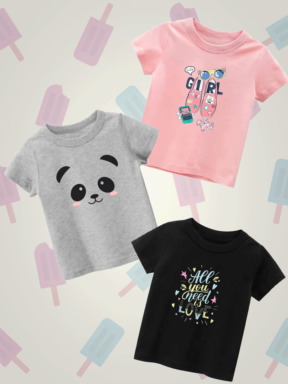 Pack of Three Tshirts ( Cute Girl - Panda Face - All You Need Love