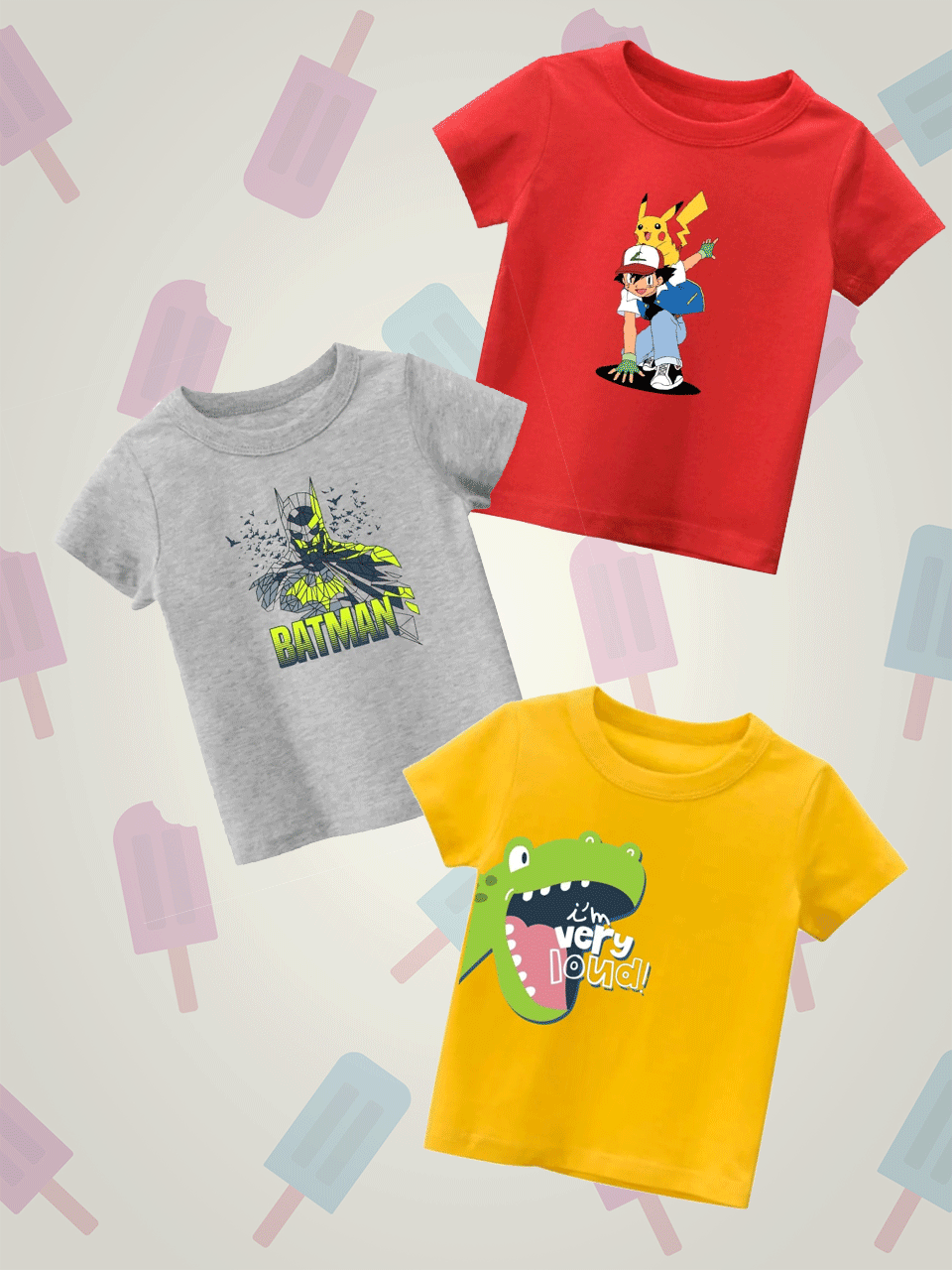 Pack of three t-shirts - (Pokemon - Batman - Very Loud)