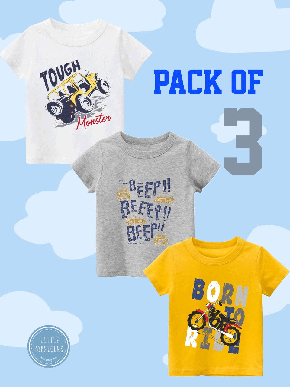 Pack of Three T-shirts for kids (tough- beep - born)