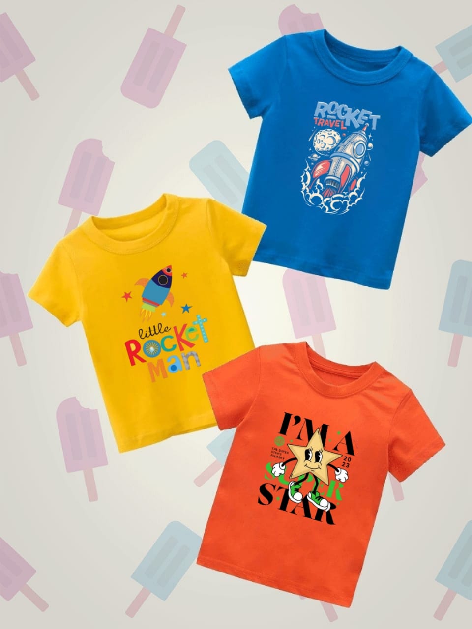 Pack of three t-shirts for kids - (rocket - little - star)