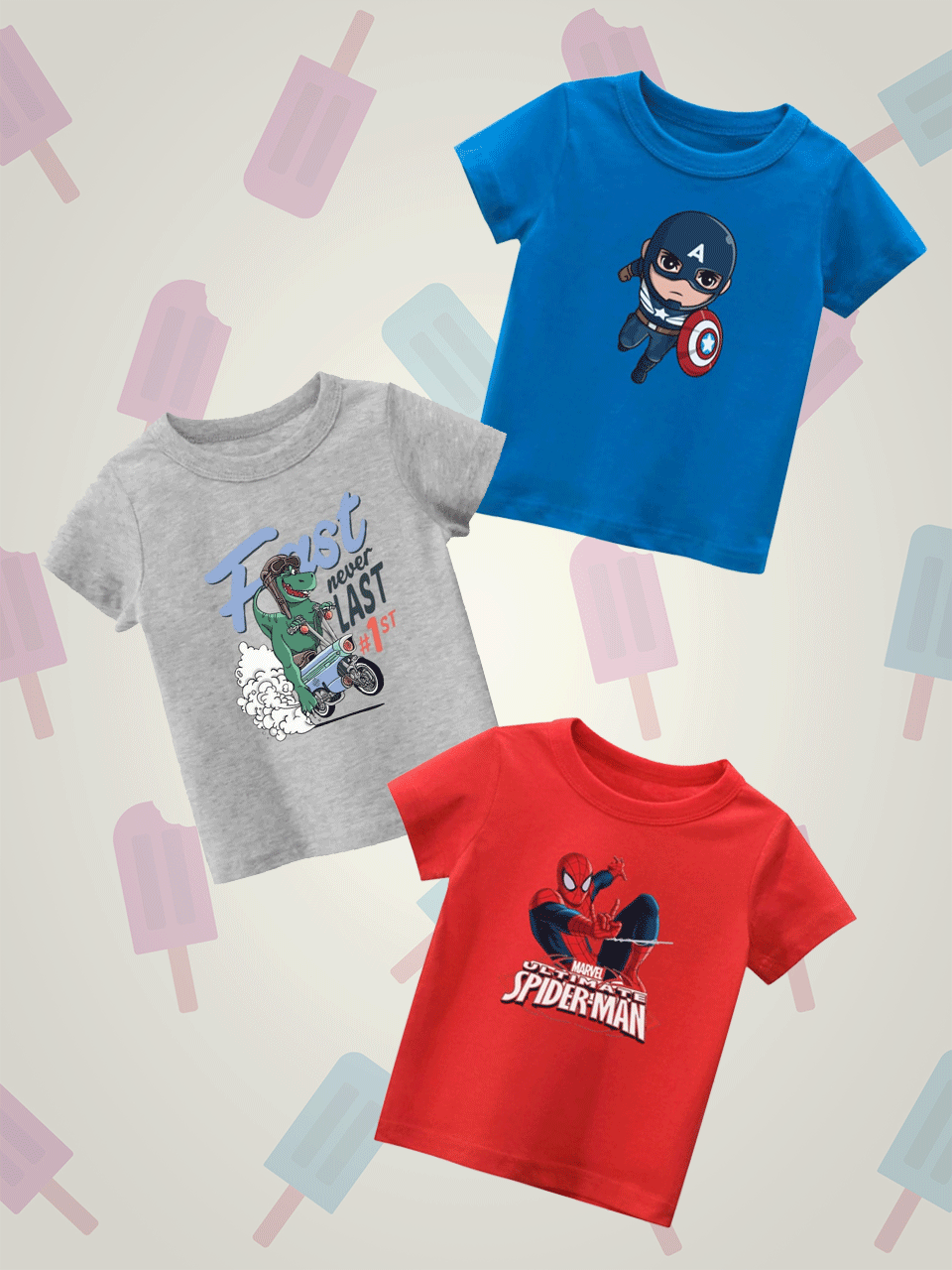 Pack of Three Tshirts ( C.America - 1st Dino - Marvel Spiderman)