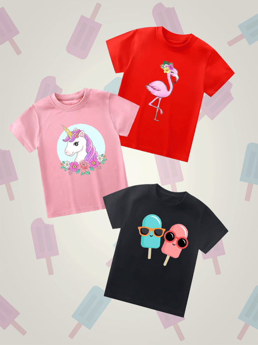 Pack of three t-shirts (flamingo-unicorn-popsicles)