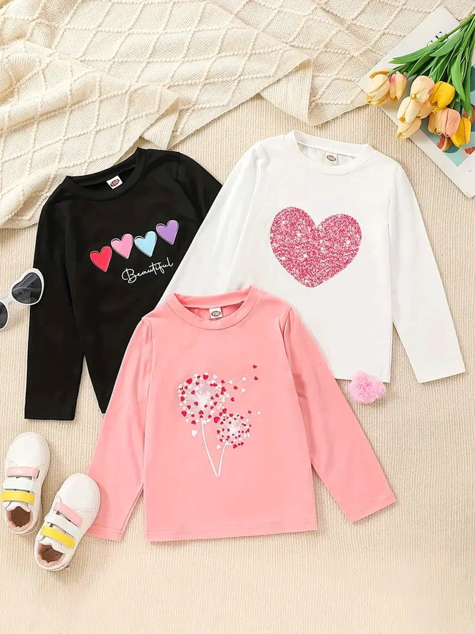 Pack of 3 Full Sleeves Tshirt (Pink Dandelion White Heart Black Beutiful)