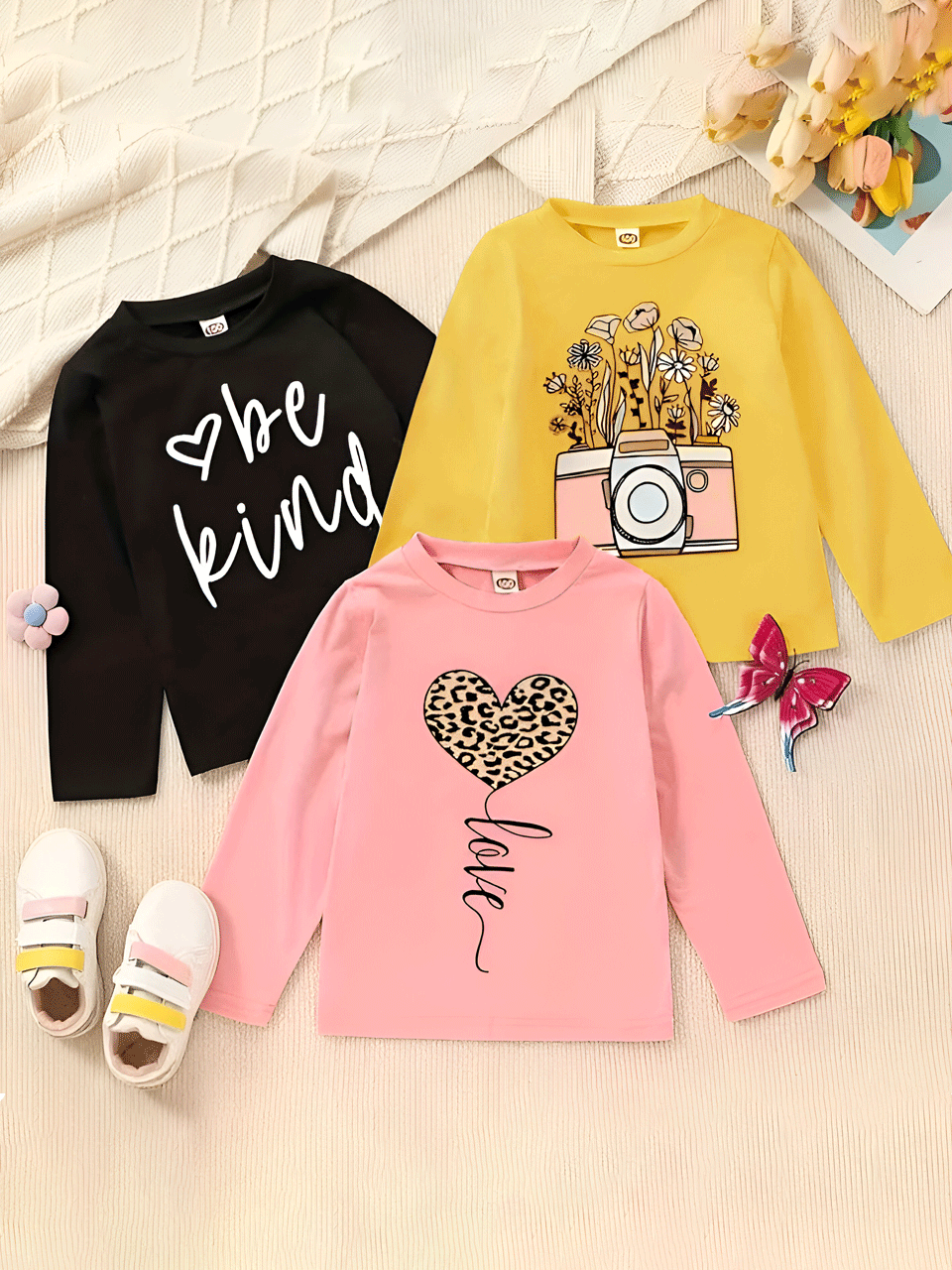 Pack of 3 Full Sleeves Tshirt (Be Kind - Camera - Heart Love)