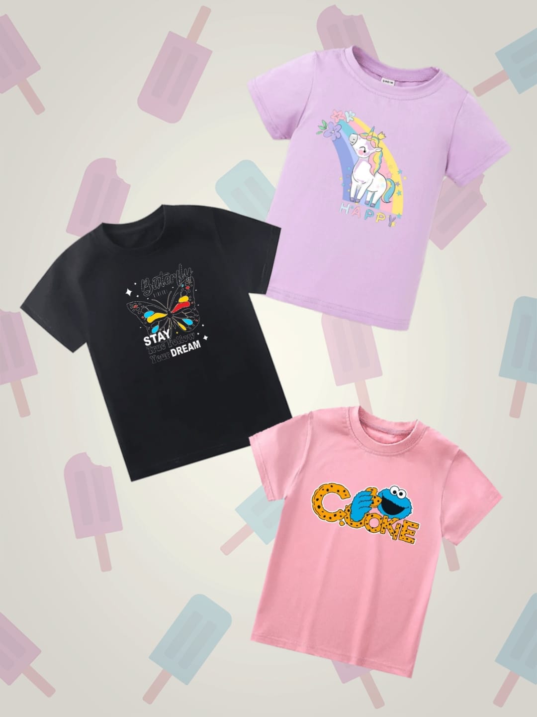 Pack of Three Tshirts for kids ( unicorn - butterfly - cookie)