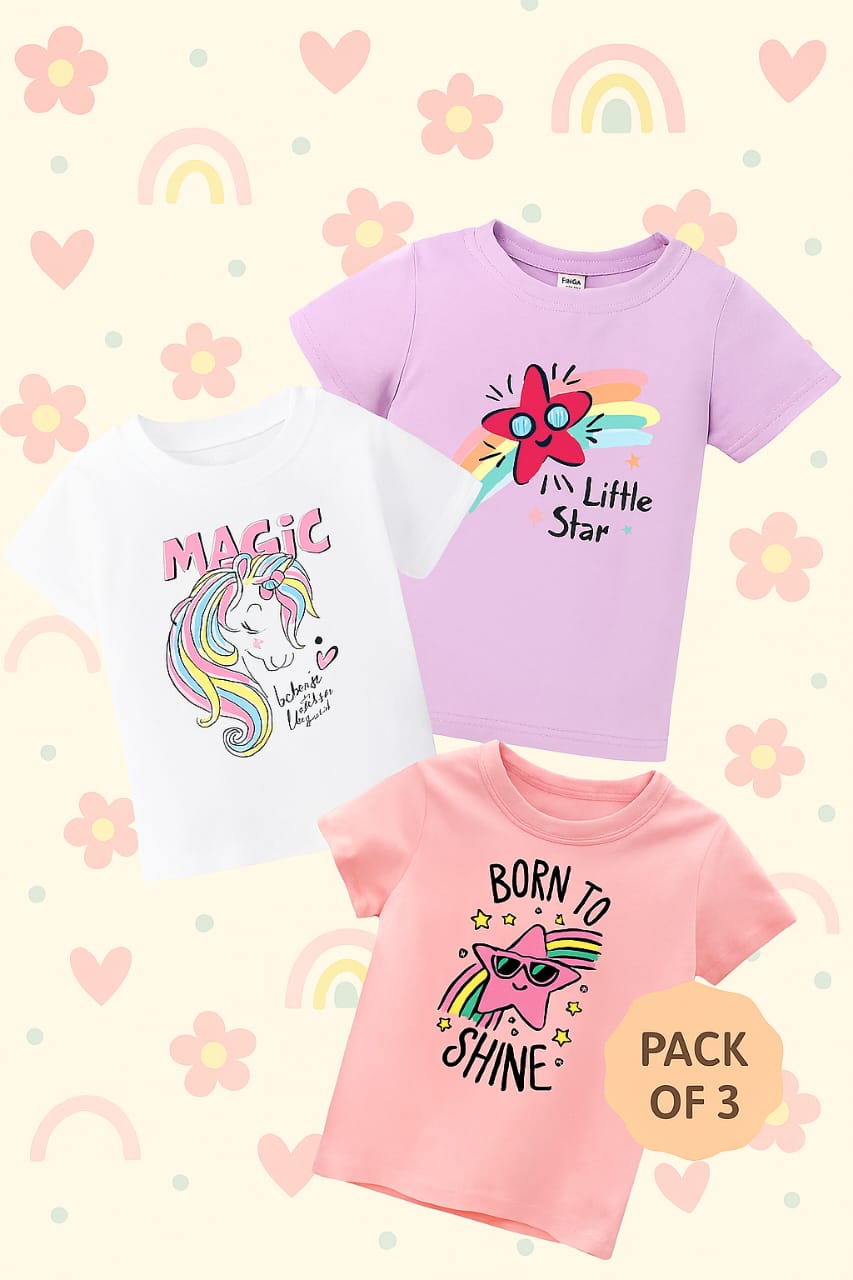 Pack of Three Tshirts for kids (little star - magic - born to shine )