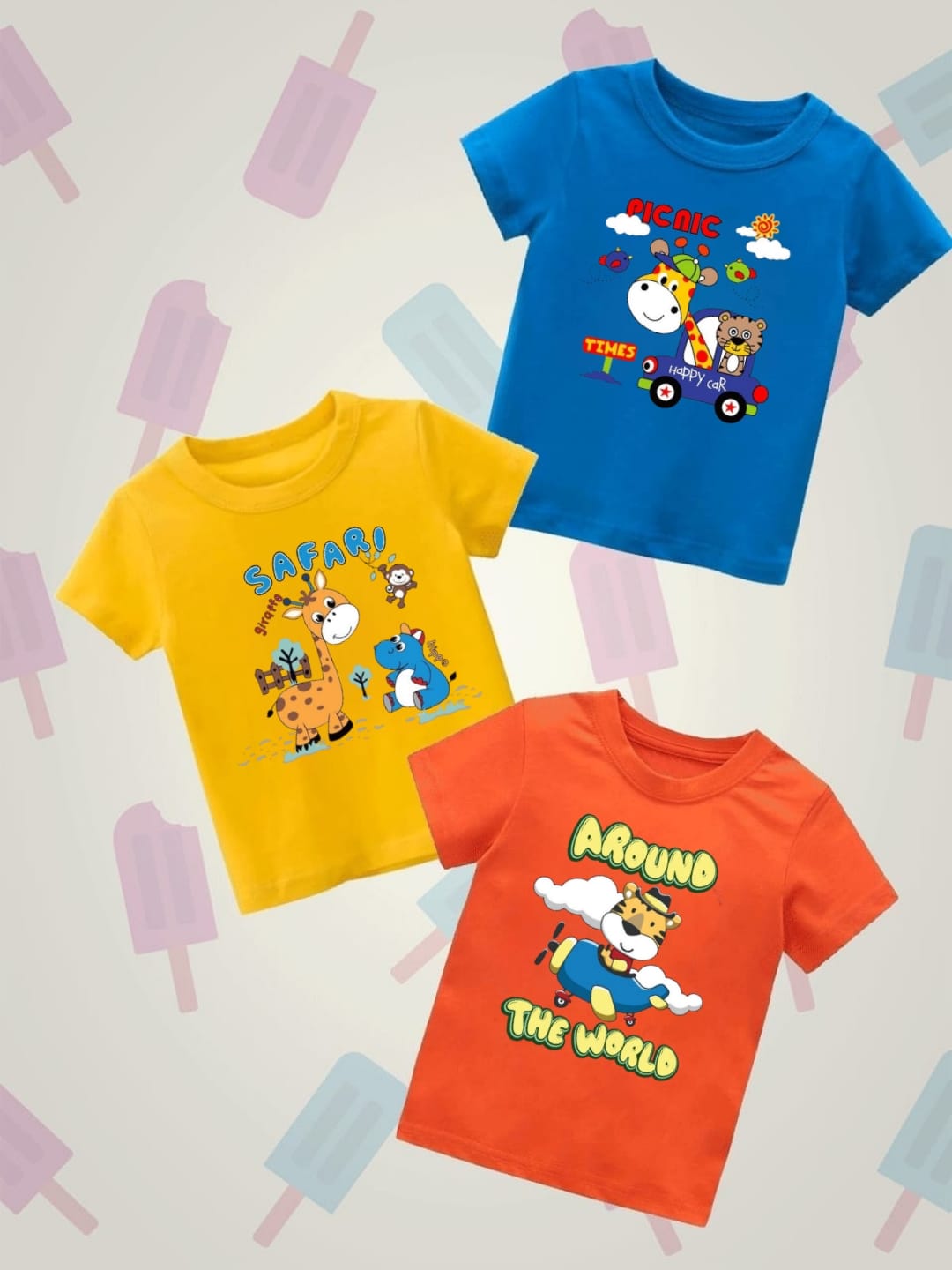 Pack of three t-shirts for kids - (picnic - safari - world)