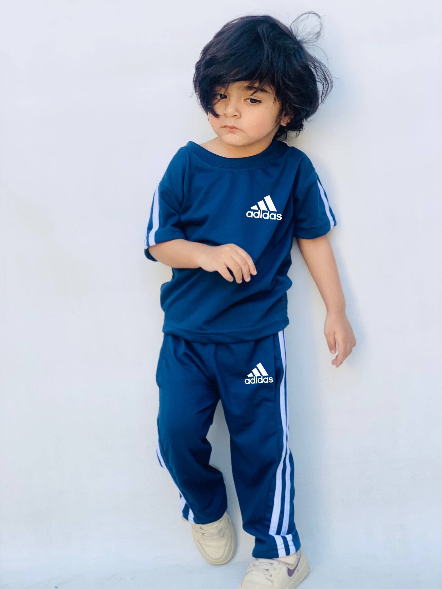 Petroleum blue Tri adi logo side stripes tracksuit