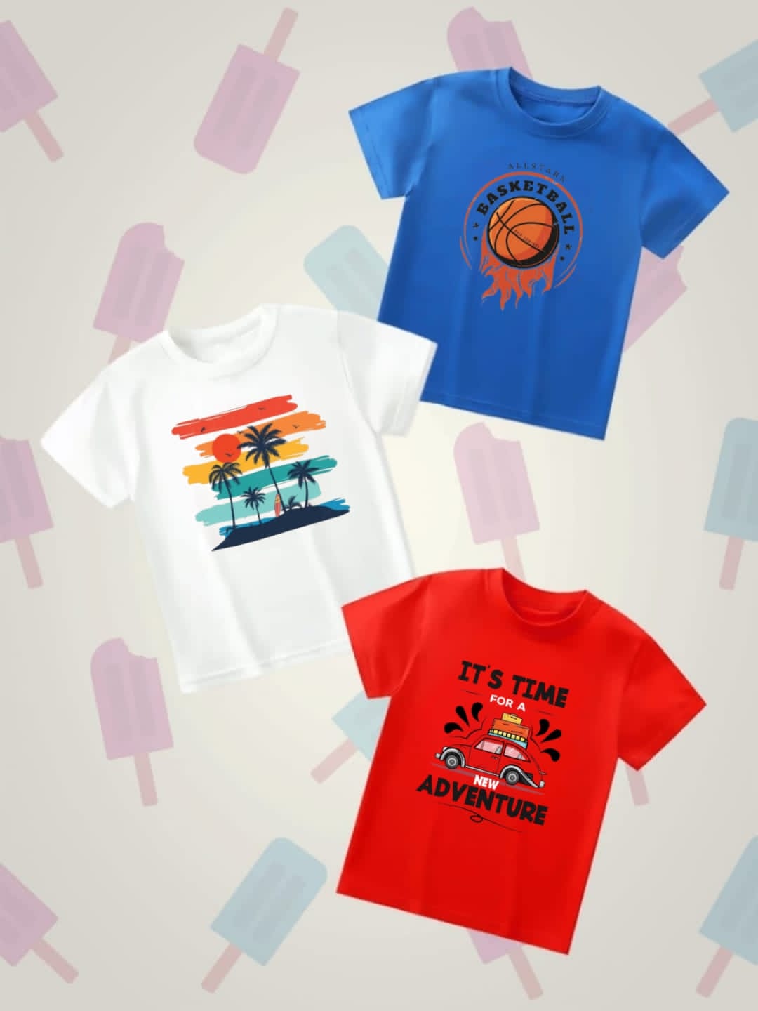 Pack of Three Tshirts for kids (basket ball - beach - adventure )