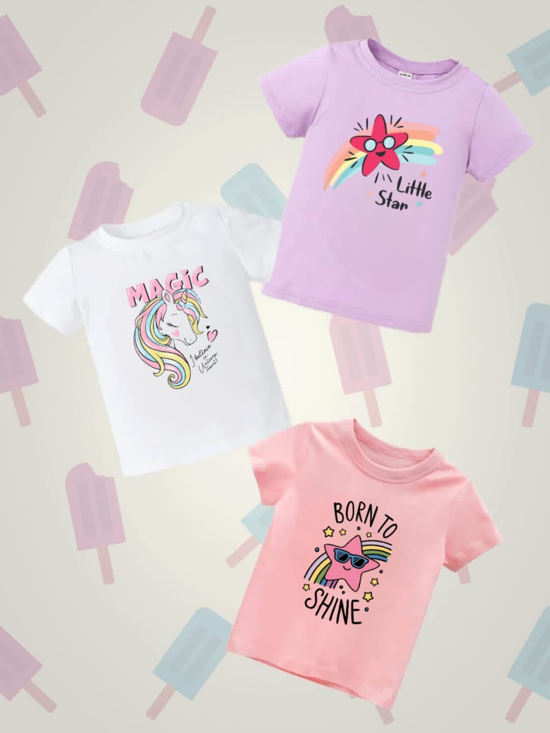 Pack of Three Tshirts for kids (little star - magic - born to shine )