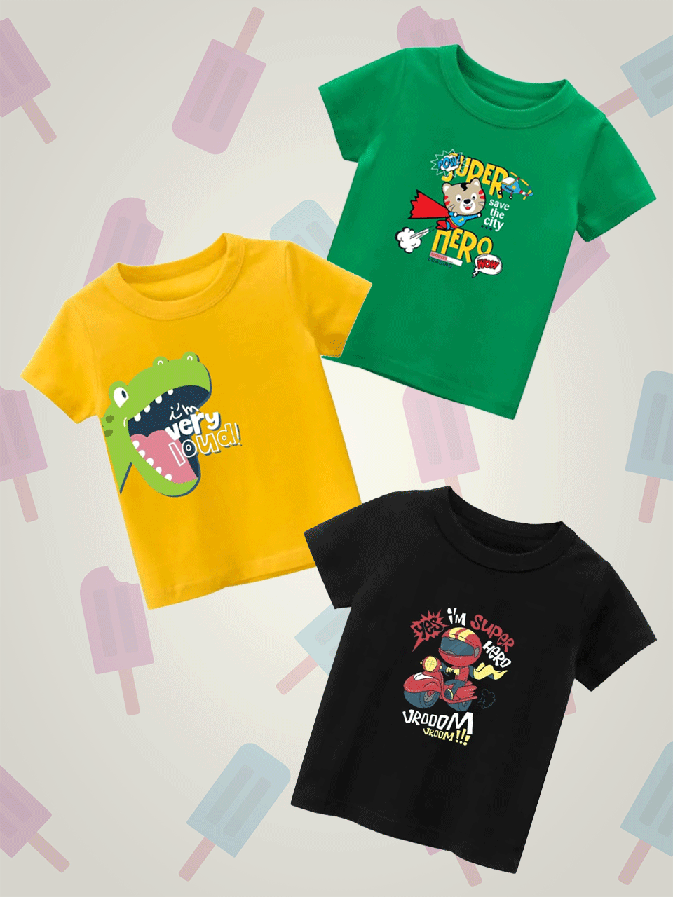 Pack of three t-shirts  - (Super Hero cat - Very Loud- Super Hero Vroom)