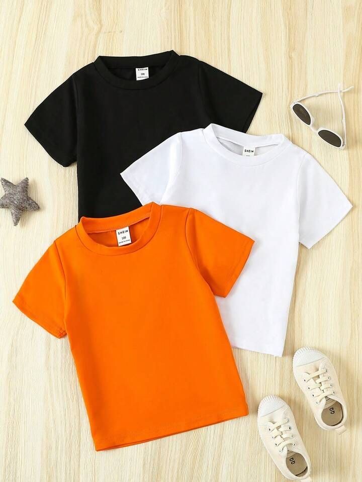 Pack of three plain t-shirts for kids (black-white-orange)