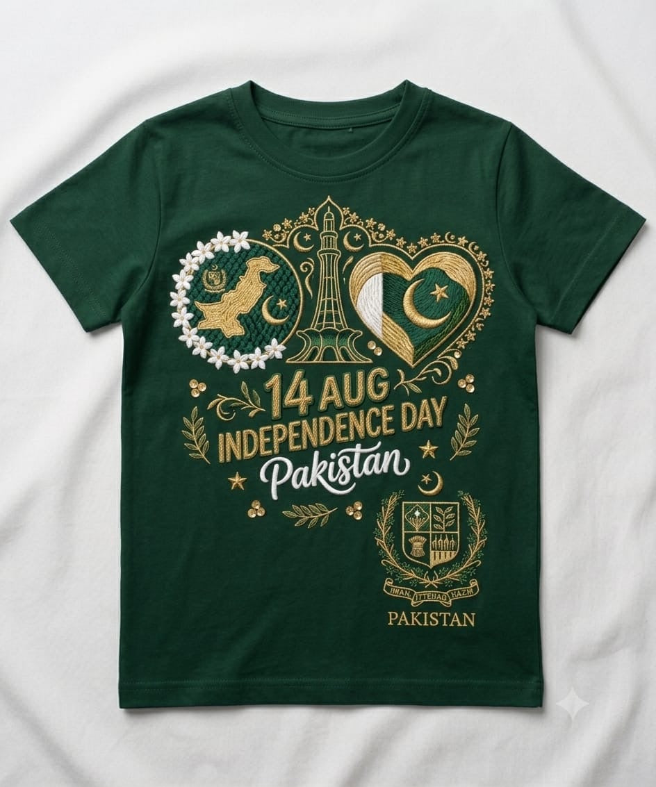 14th August embroidery print Pakistan t-shirt - Green