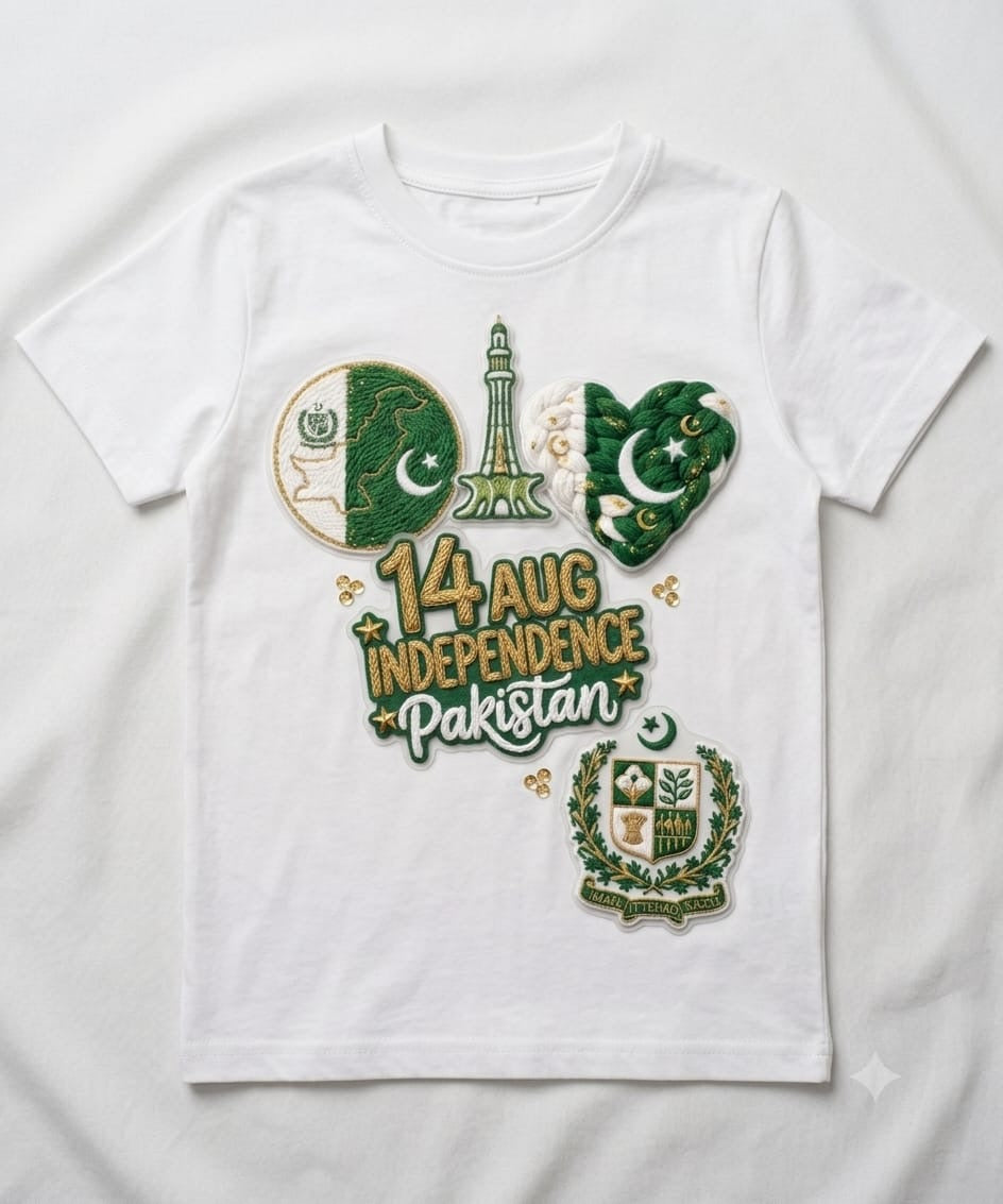 14th August embroidery print Pakistan t-shirt - white
