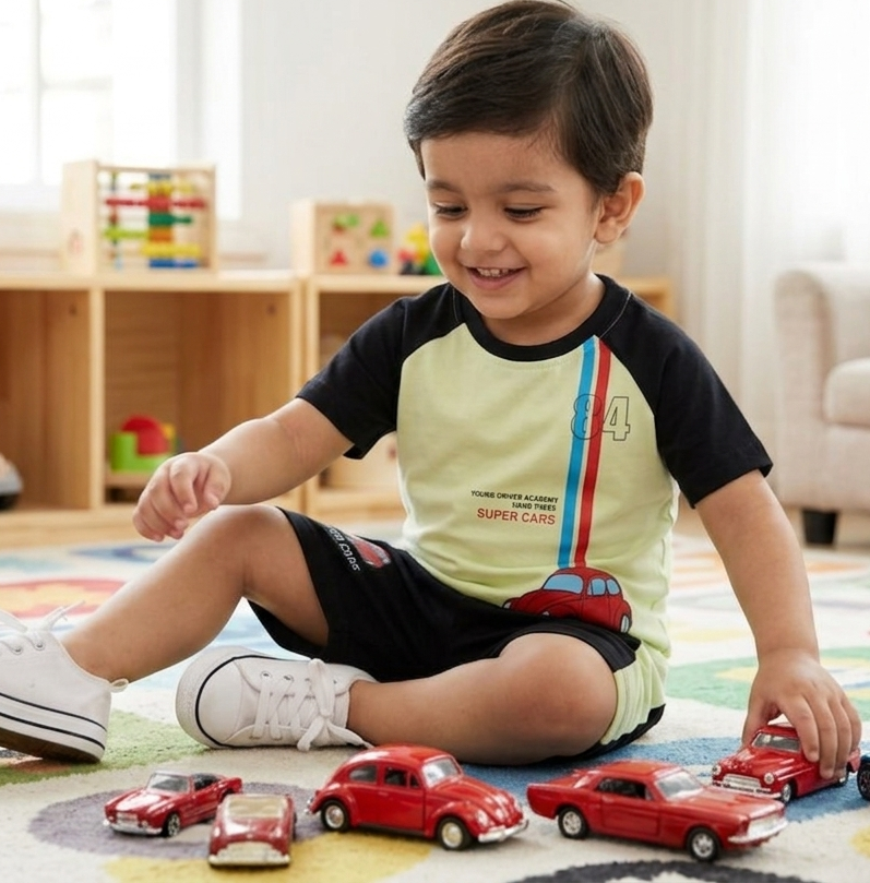 Super cars T-shirt and shorts set for kids - yellow