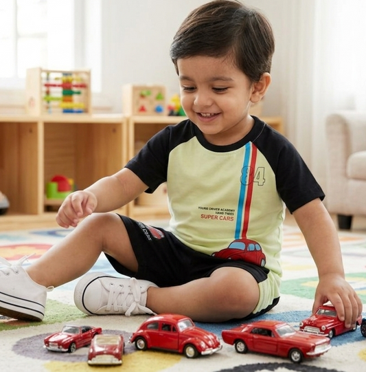 Super cars T-shirt and shorts set for kids - yellow