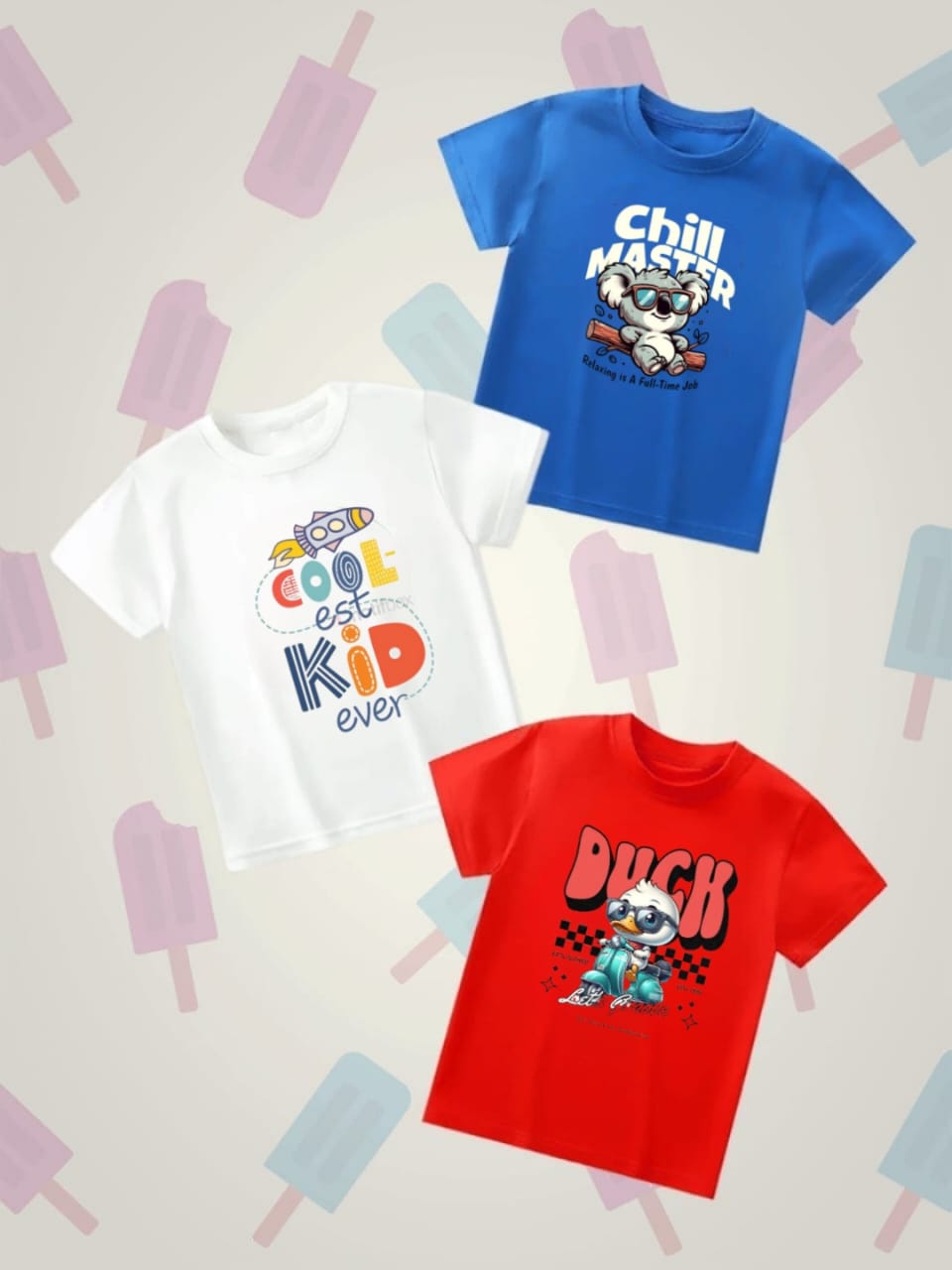 Pack of three t-shirts for kids - (chill - coolest- duck)