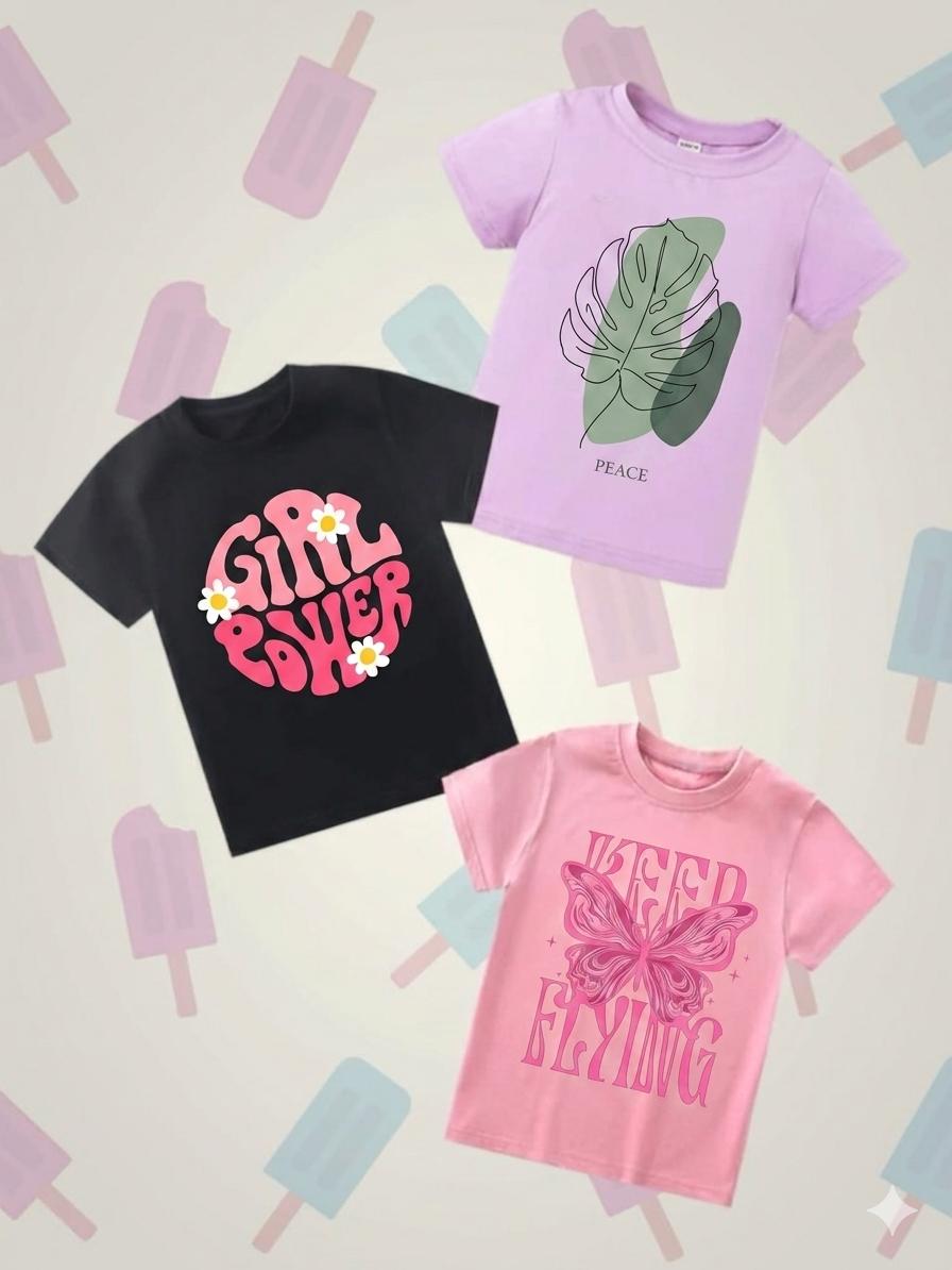 Pack of Three T-shirts for kids (peace - girl power- keep flying)