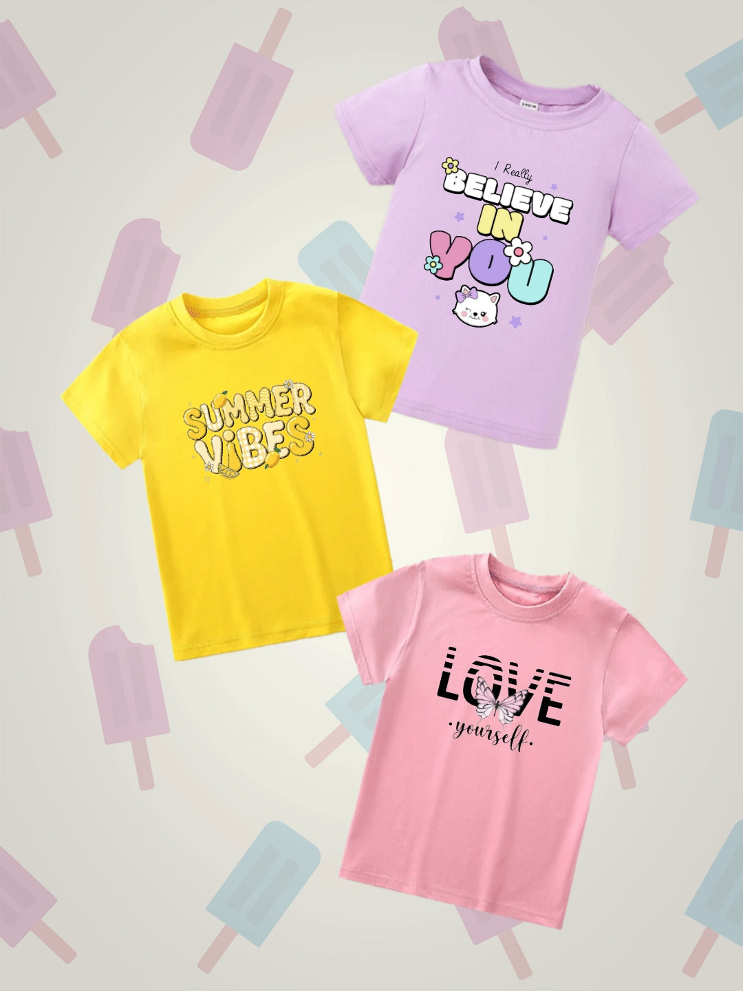 Pack of Three T-shirts for kids (believe - summer vibes - love)