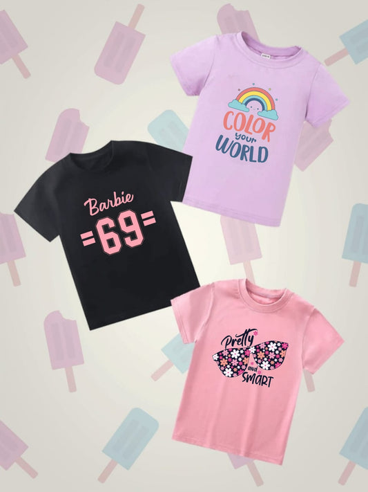 Pack of Three T-shirts for kids (barbie - pretty - color the world)
