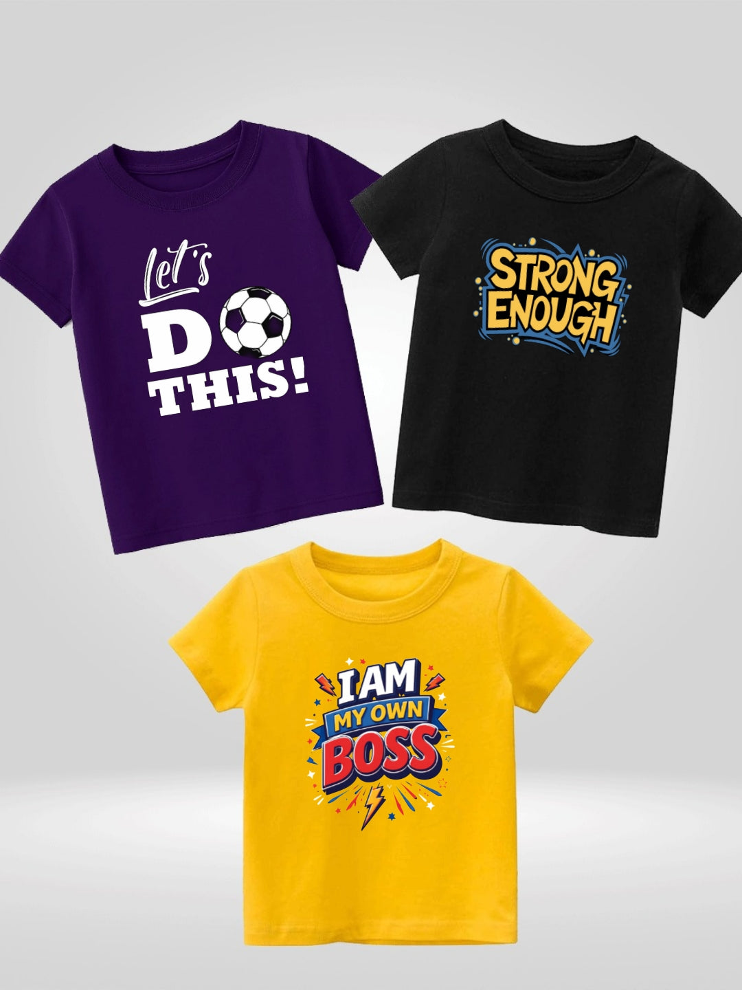 Pack of Three T-shirts for kids (strong - lets do this - boss)