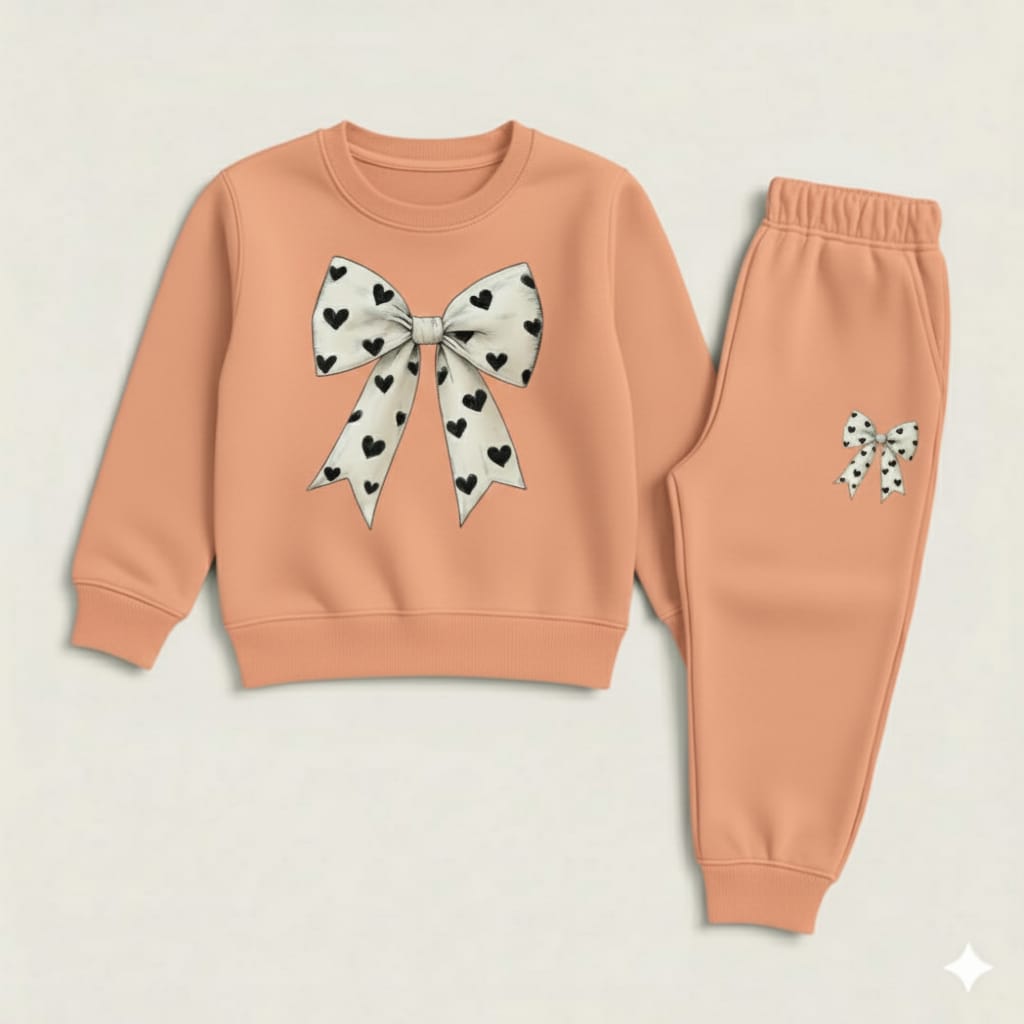Cute bow tracksuit for kids - peach