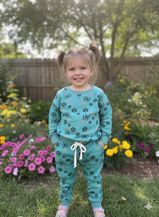 Teal green butterflies flower tracksuit for kids