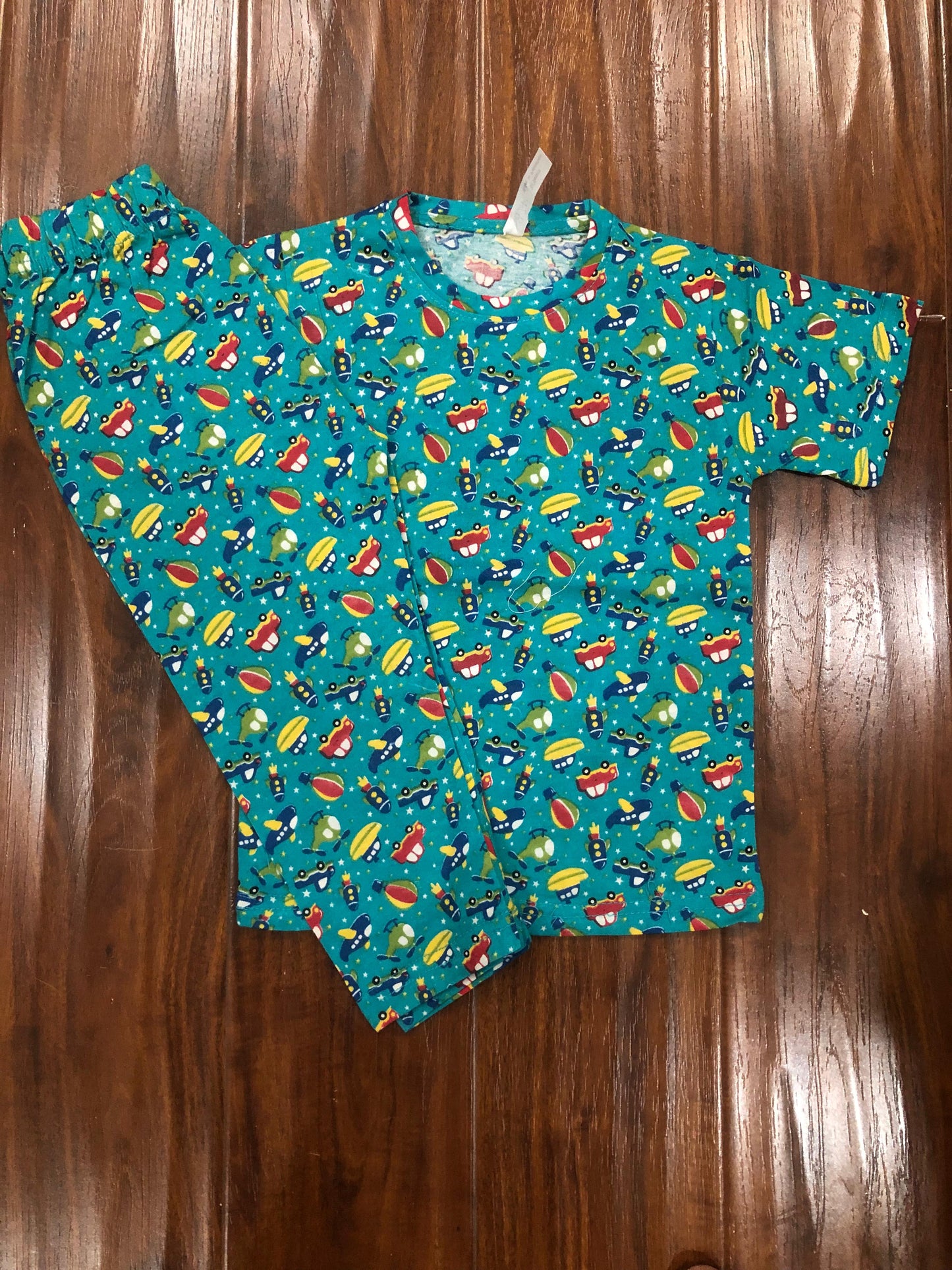 Turquoise Green Cars and Planes Cotton Jersey Nightsuit