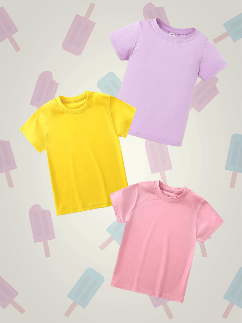 Pack of three plain t-shirts for kids (lilac-yellow-pink)