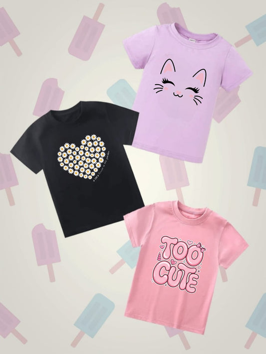 Pack of Three T-shirts for kids (too cute - flower heart - cat)