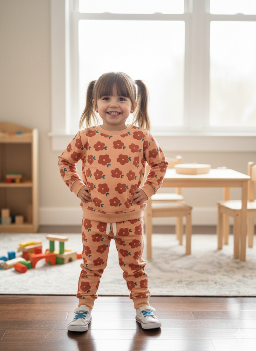 Cute peachy flowers tracksuit for kids