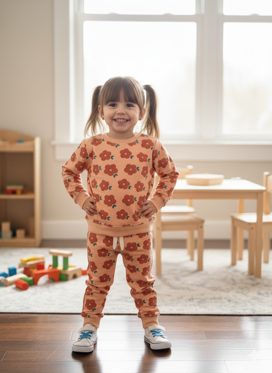 Cute peachy flowers tracksuit for kids