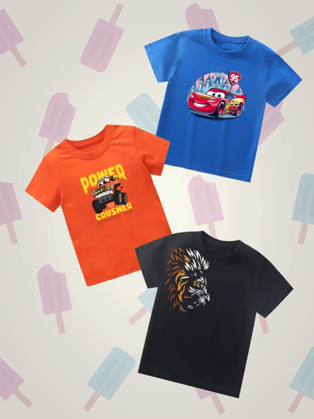 Pack of Three Tshirts for kids ( cars - crusher - lion)