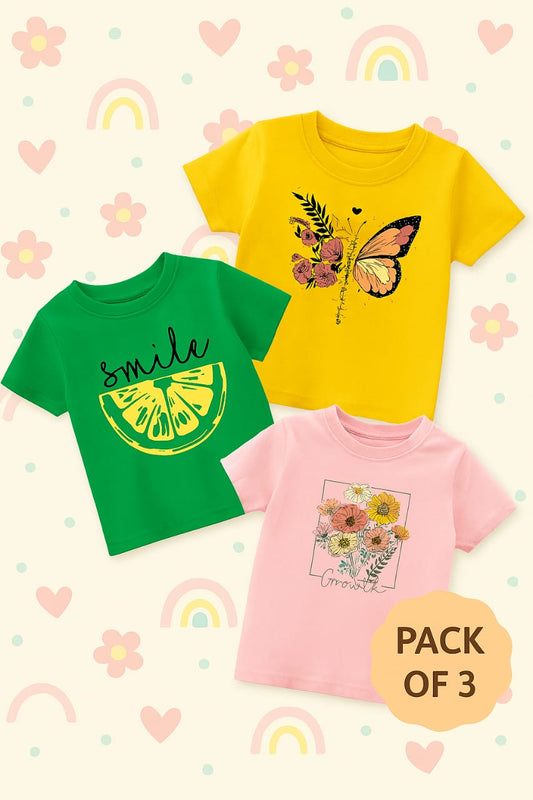 Pack of Three Tshirts for kids (Smile - butterfly & flowers)