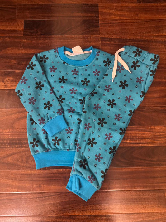 Teal blue flowers tracksuit for kids