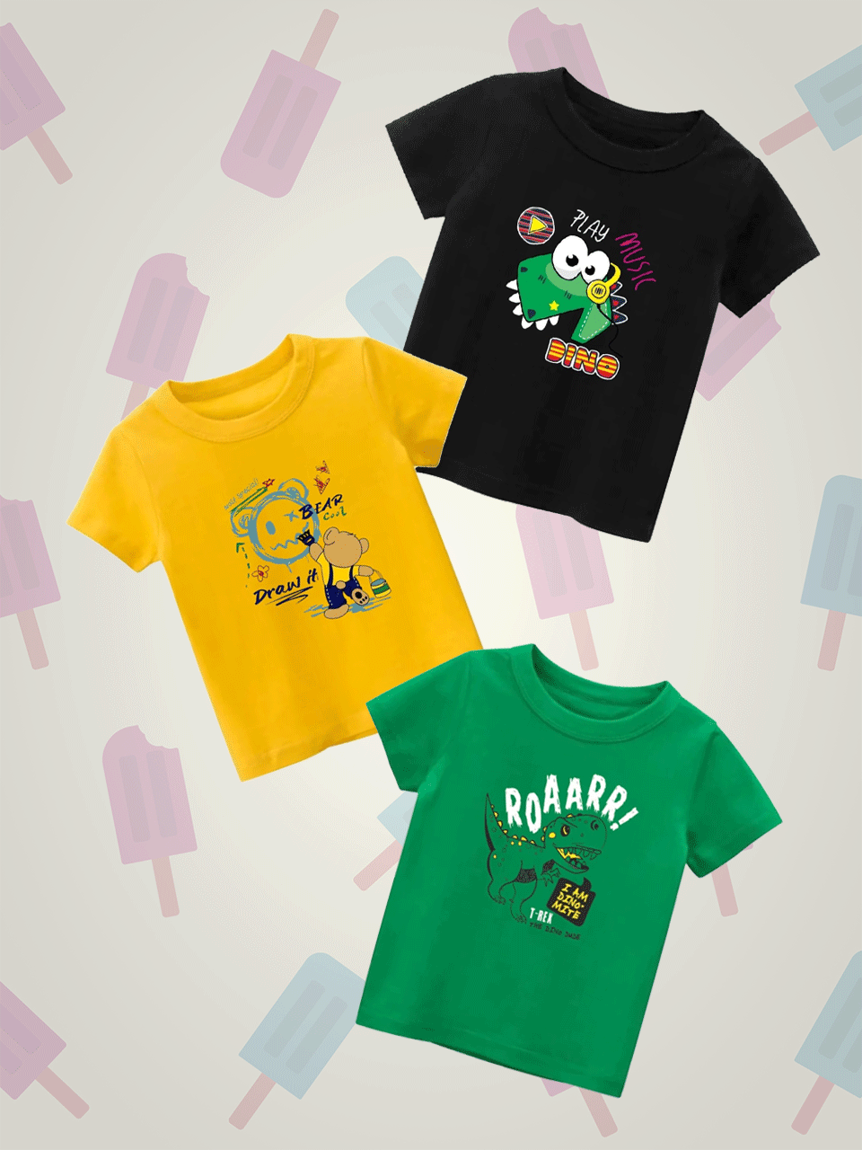 Pack of Three Tshirts  (Music Dino  - Cool Bear - Roaaar)