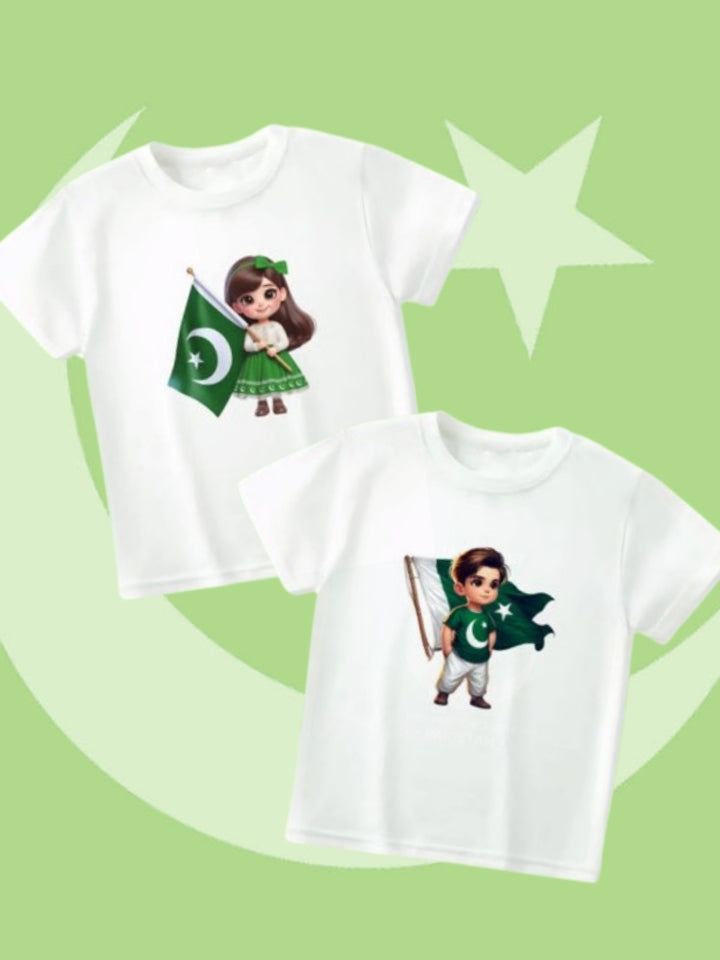 Pack of two independence day t-shirts for kids (boy with flag - girl with flag)