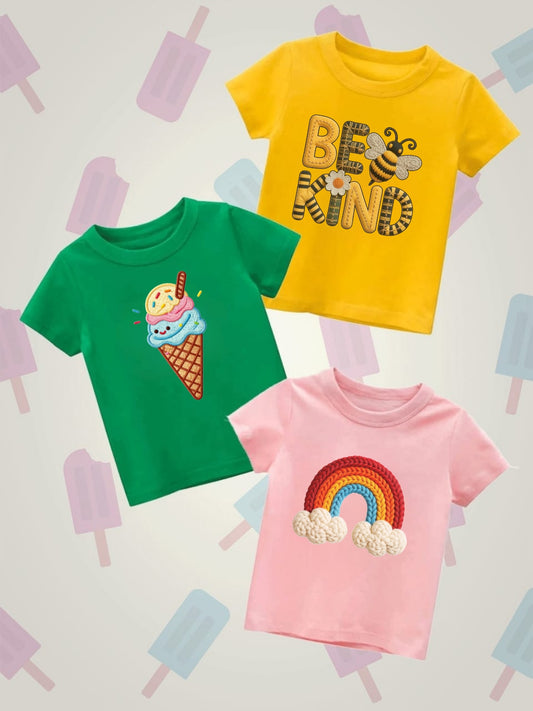 Pack of Three T-shirts for kids (be kind - ice cream - rainbow)