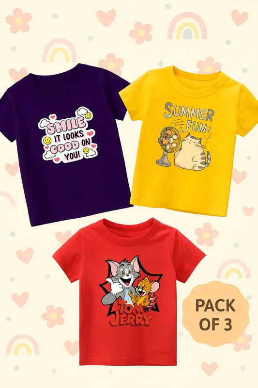 Pack of Three Tshirts for kids (Smile - summer fun - tom and jerry)