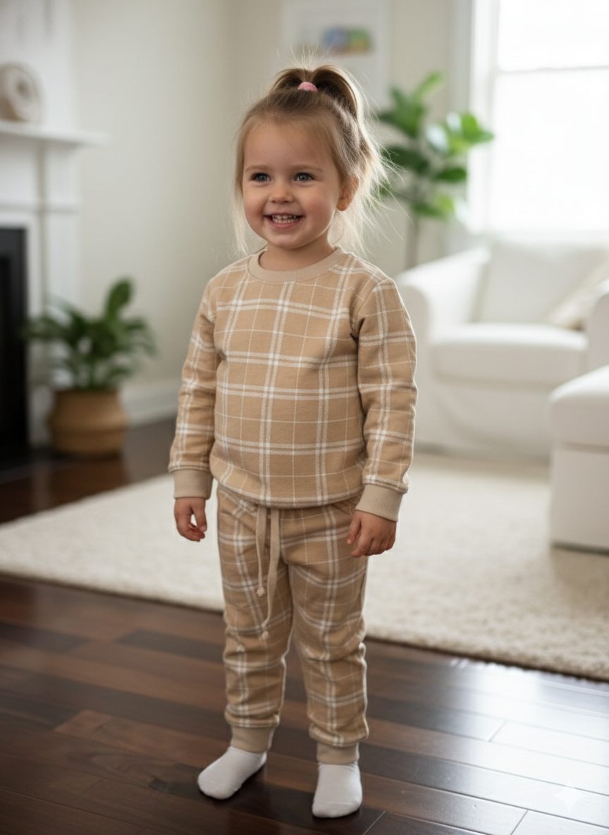 Light brown checkered tracksuit for kids