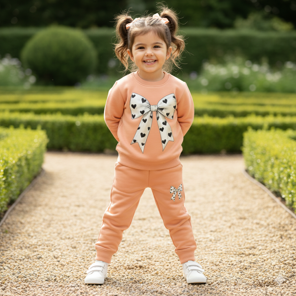Cute bow tracksuit for kids - peach