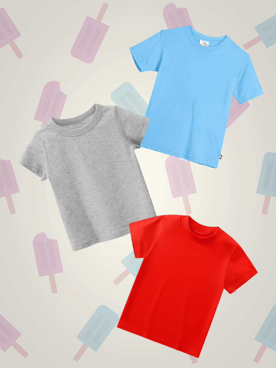 Pack of three plain t-shirts for kids (sky-grey-red)